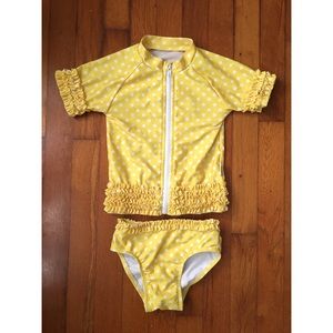 Yellow polka dot ruffled SwimZip Rash Guard suit